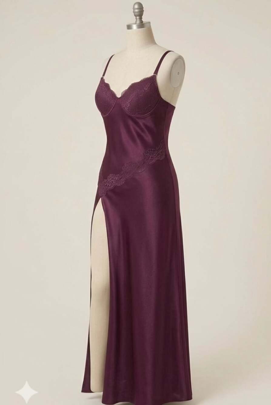 Nk Imode Silk Slip Dress Size 1X D Purple Long Lace Slit Nightgown